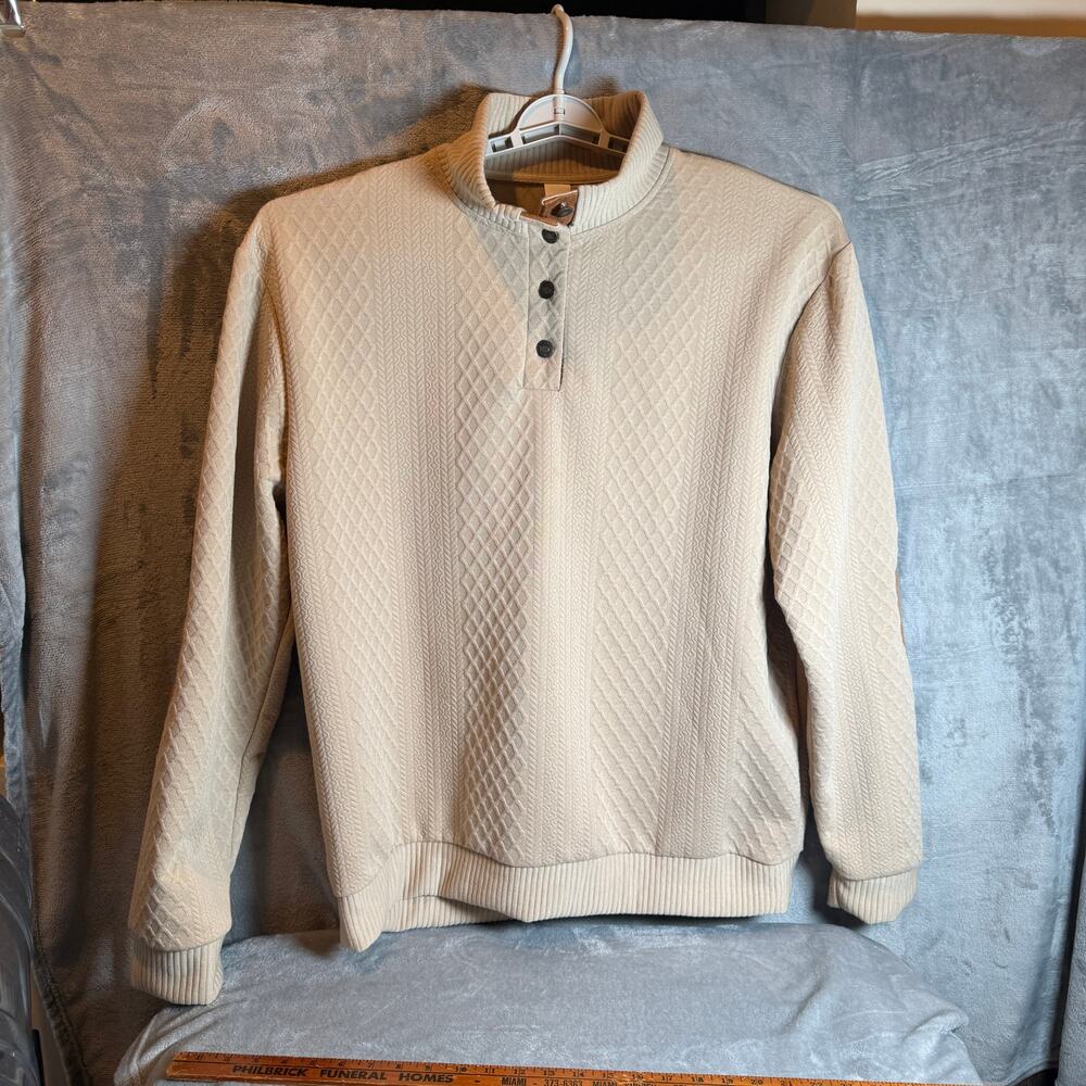 Men’s 3XL Cream Textured Pullover Sweater Snap Neck Suede Elbow Patches